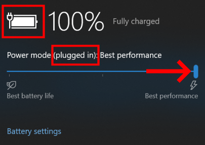 Drag the performance mode slider all the way to the right when plugged in.