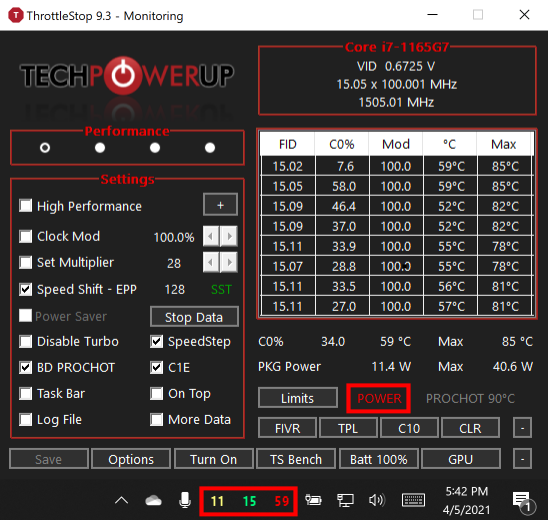 ThrottleStop indicating that power limit throttling is occurring.
