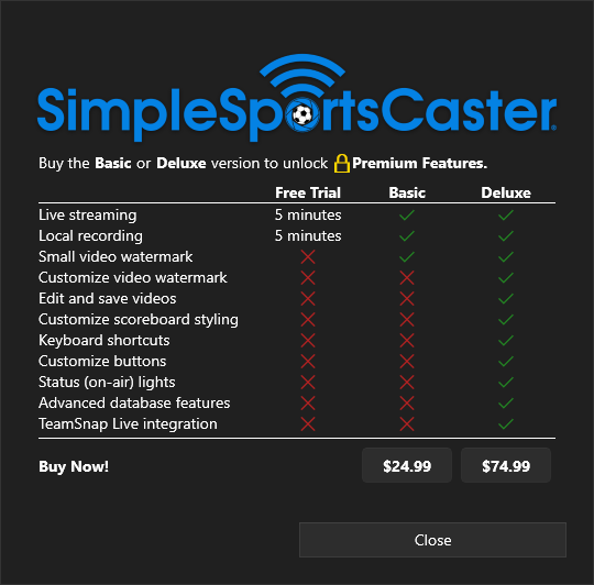 SimpleSportsCaster license levels and pricing (shown in USD)