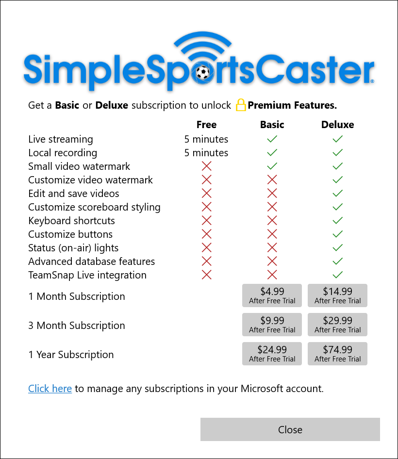 SimpleSportsCaster subscription levels and pricing