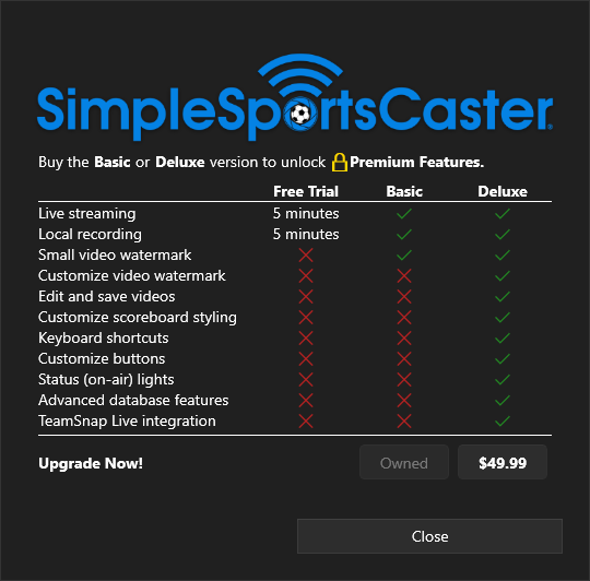 SimpleSportsCaster upgrade pricing (shown in USD)