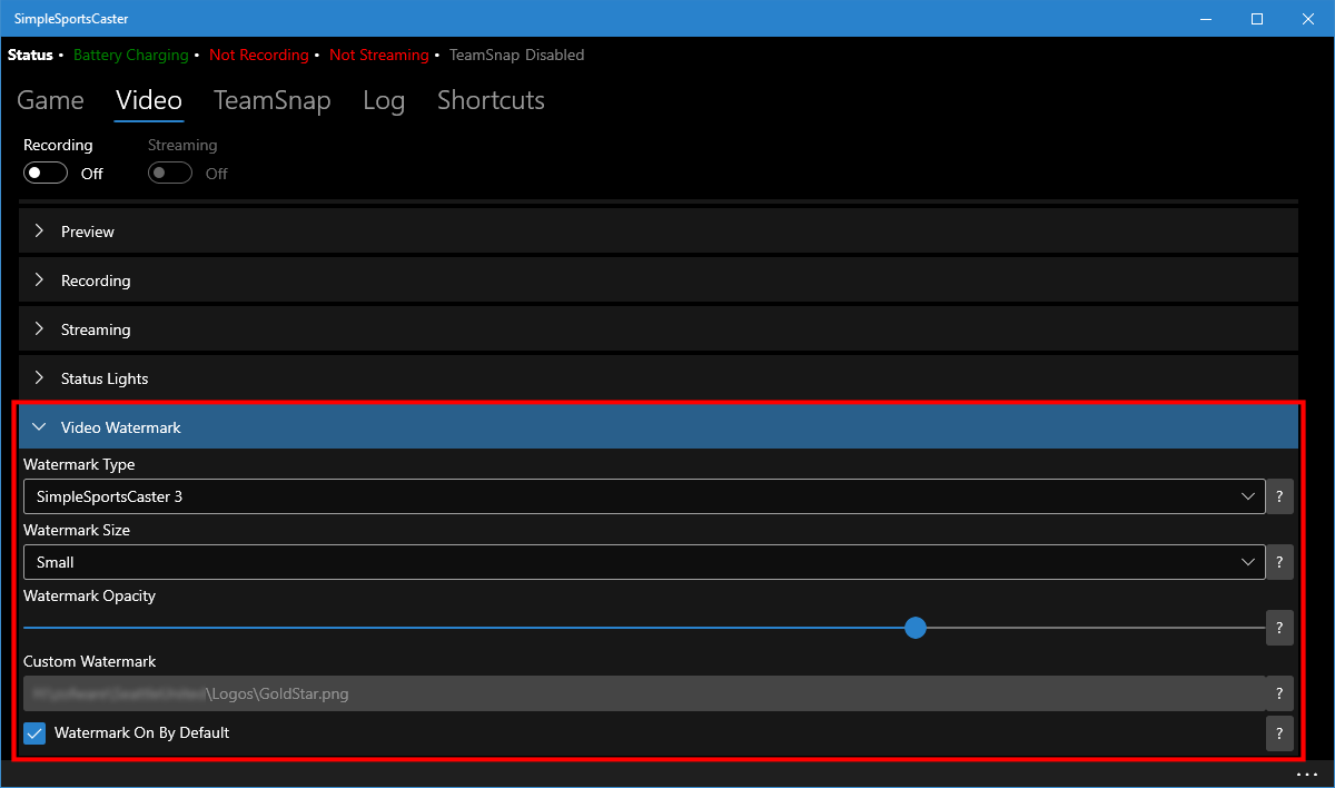 Video watermark settings